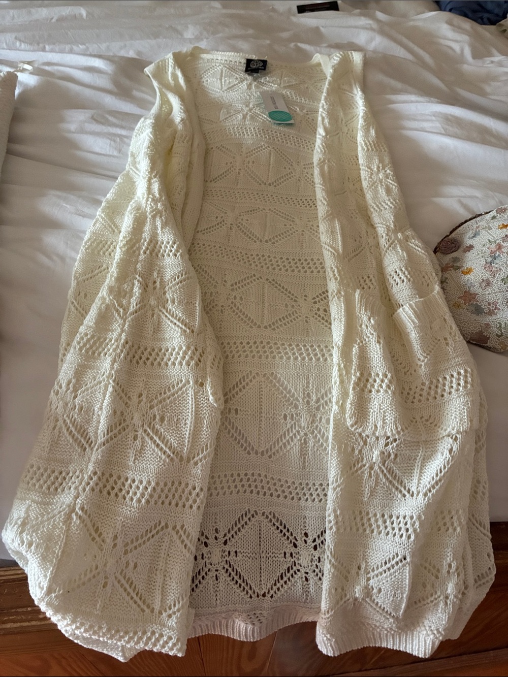 bobeau Cream Open-Front Crochet Cardigan Duster